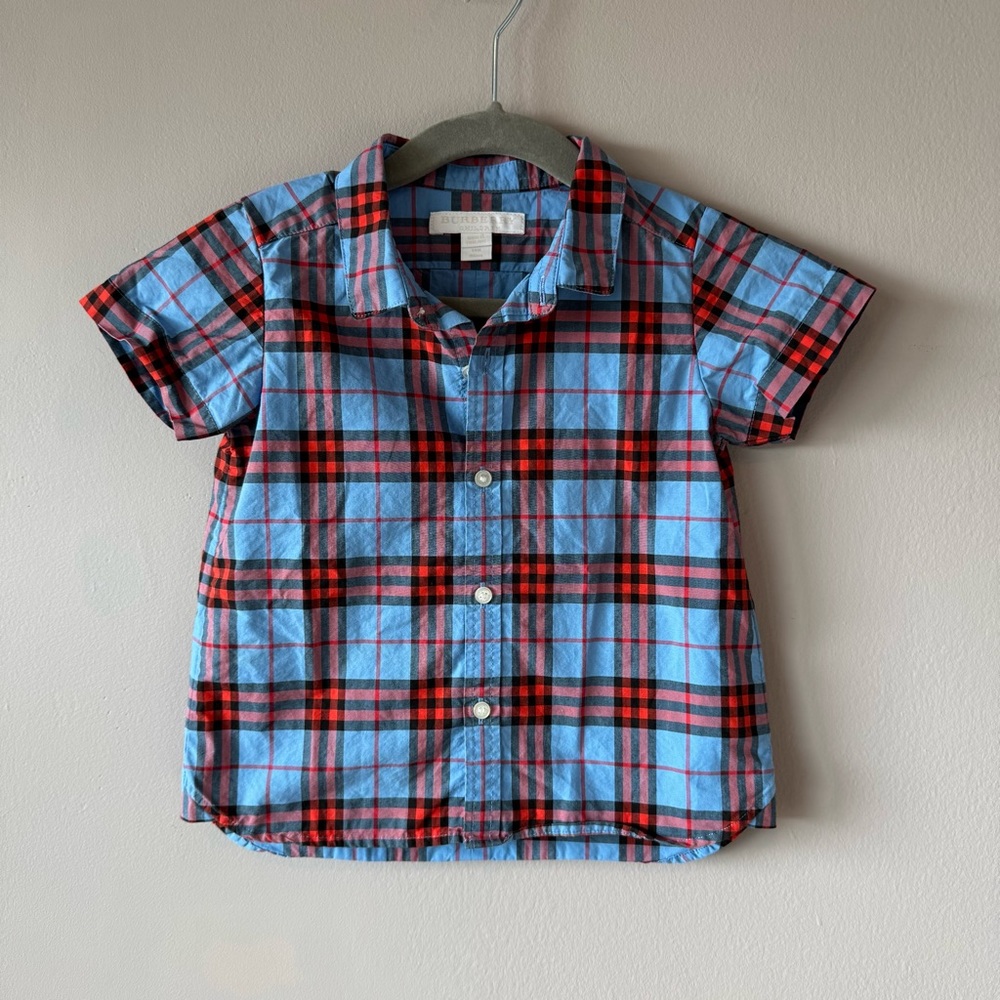 Burberry Children Boys Blue Black and Red Plaid Short Sleeve Button Down 18M